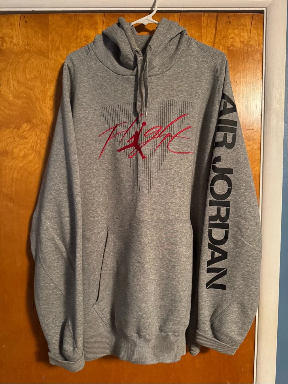Jordan Gray Hoodie with Red Jumpman and Black Stripe Graphic
